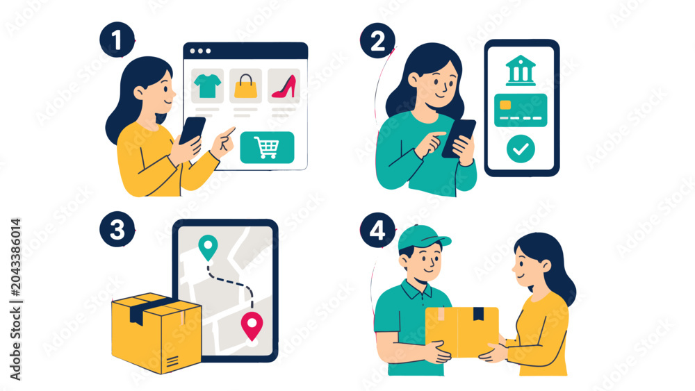 Fototapeta premium Online shopping and delivery process in four step vector set