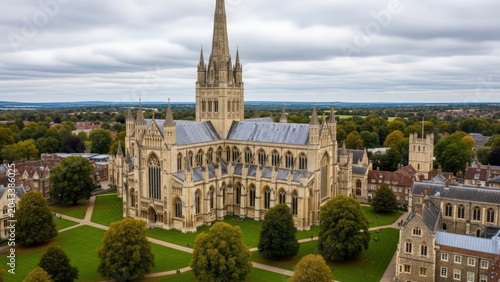 Aerial view of historic Gothic cathedral with spire surrounded by green grounds and town