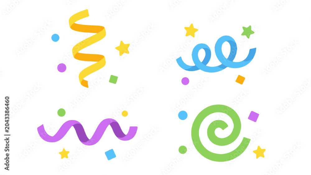 Fototapeta premium Colorful party confetti ribbons stars and spirals on white