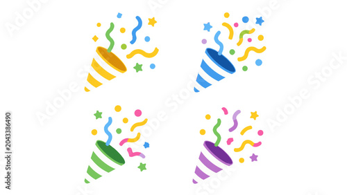 Foto Set of colorful party popper icons with confetti bursts