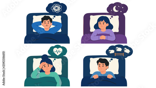 Tableau sur toile Insomnia sufferers lying awake in bed with sleep trouble icons