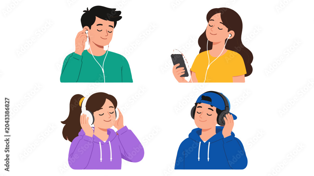 Fototapeta premium Four people listening to music with earphones and headphones