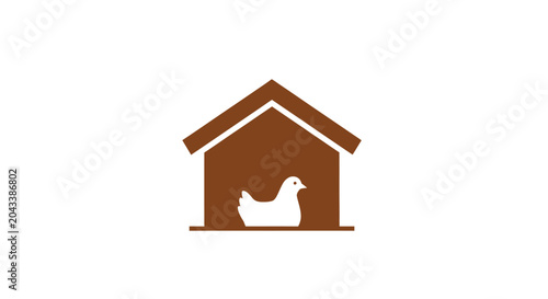 Minimalist Illustration of a Chicken in a Coop, Brown and White on a Clean White Background