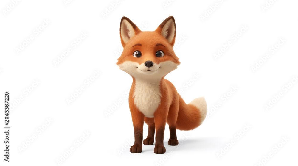 Fototapeta premium Cute cartoon orange fox standing alone on white background