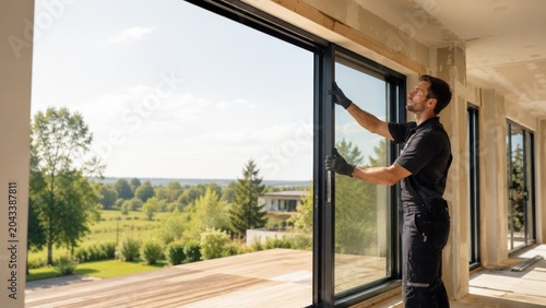 Professional Technician Installing Large Sliding Glass Door in Modern House Construction