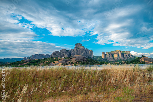 mountain Meteora with blue sky and clouds