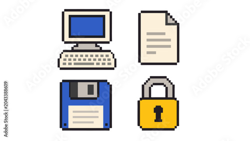 Photos Pixel art computer, document, floppy disk and padlock icons