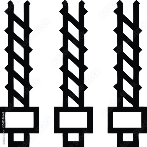Three black line graphic industrial screws for construction and secure fastening applications
