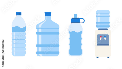 Cuadro en lienzo Set of plastic water bottles and cooler dispenser illustration