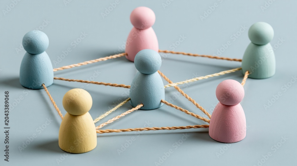 Obraz premium Pastel wooden peg dolls connected by strings representing global communication and networking.
