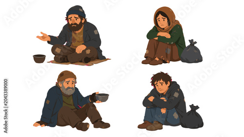 Schilderij op canvas Homeless men and woman sitting with bags and begging bowls