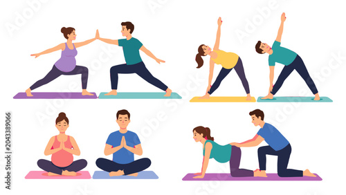 Pregnant couples practicing prenatal yoga poses in class