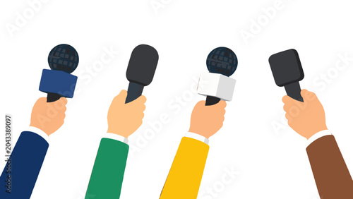 Foto Hands holding microphones in a press conference vector illustration