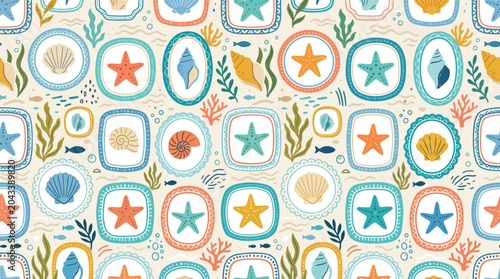 A colorful seamless pattern featuring hand drawn seashells and starfish elements