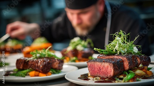 Deliciously Prepared Sliced Sirloin Steak Meal with Fresh Greens and Vegetables by a Chef