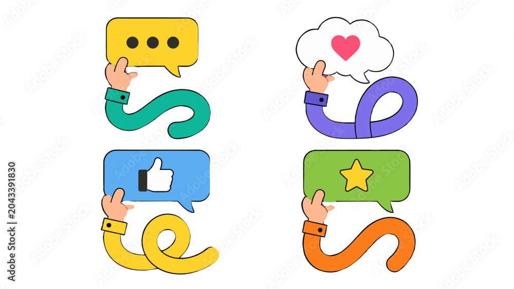 Obraz premium Doodle hands holding colorful speech bubbles with social icons