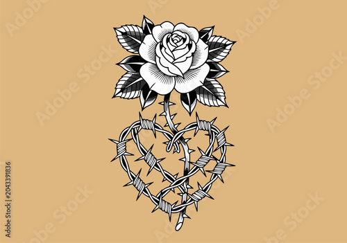 Foto Vector illustration of a rose and a heart entwined with barbed wire, symbolizing