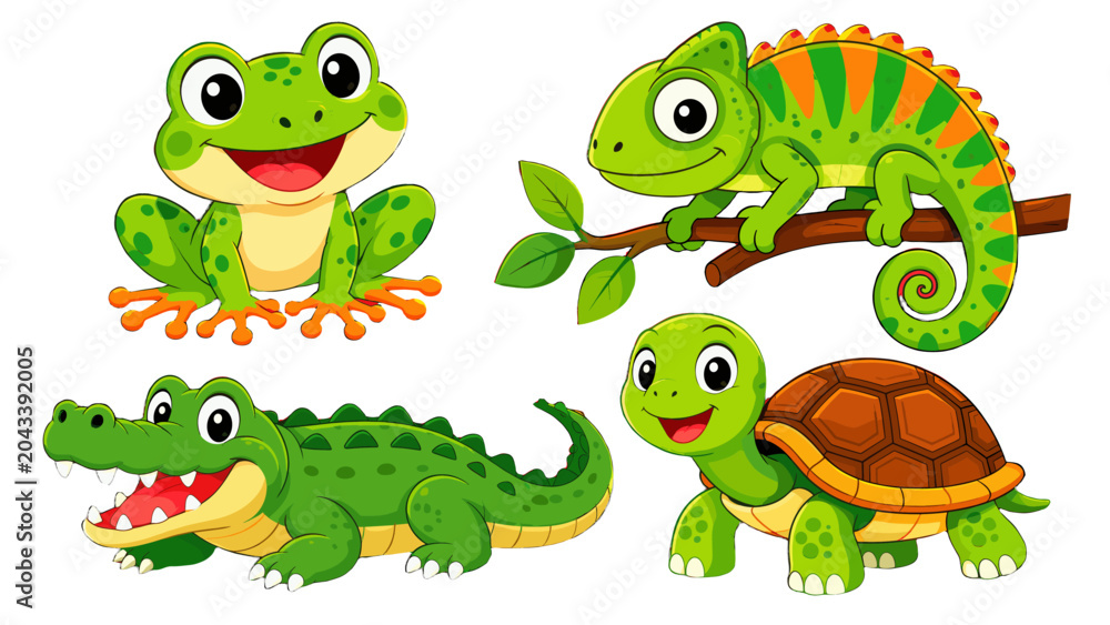 Naklejka premium Cartoon reptile and amphibian animals set on white background