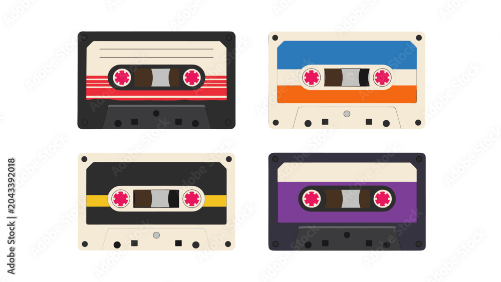 Αυτοκόλλητο Set of four retro audio cassette tapes in flat vector style