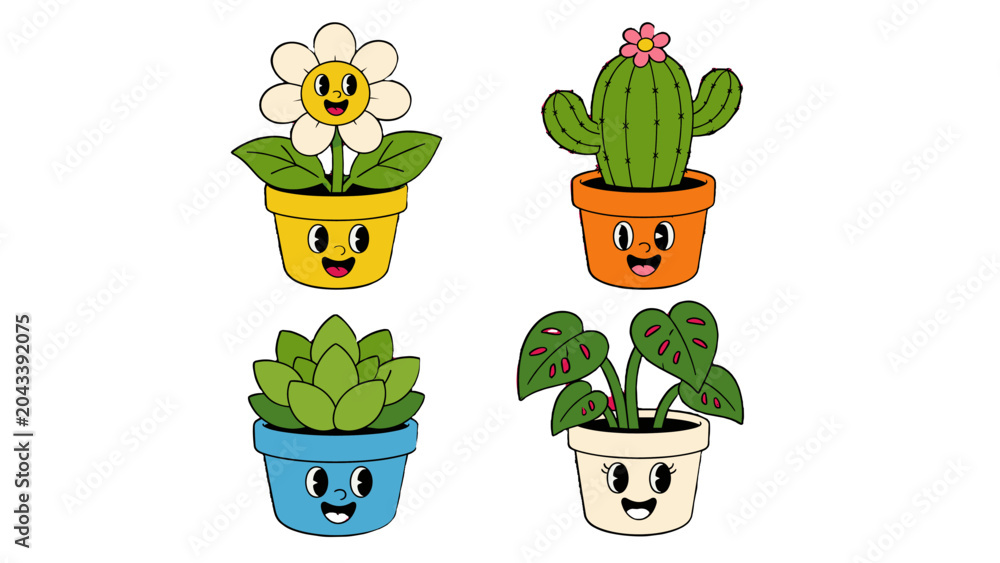 Obraz premium Cute cartoon potted plant characters set on white background