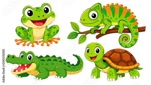 Bild auf Leinwand Cartoon reptile and amphibian animals set on white background