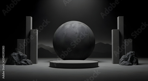 Minimalist black product display podium with sphere and geometric shapes in a dark abstract landscape