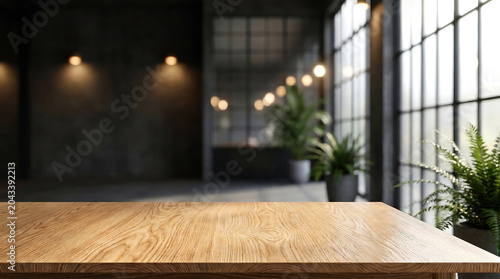 Empty wood desk for product presentation in blurred dark industrial loft interior with large windows and plants