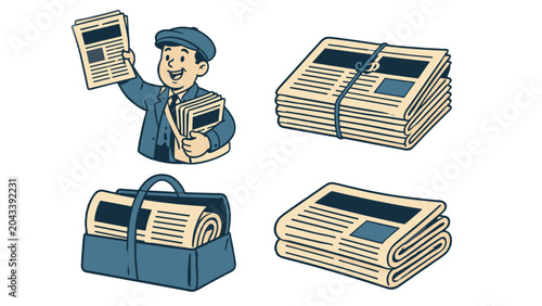 Photos Retro newspaper delivery and stacked papers vector illustration set