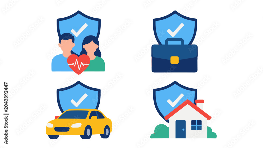 Fototapeta premium Insurance protection icons for health, business, car and home