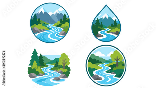Photos Set of river landscape badges with mountains and forest