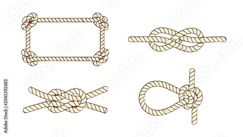 Photos Set of decorative rope knots and frame isolated on white