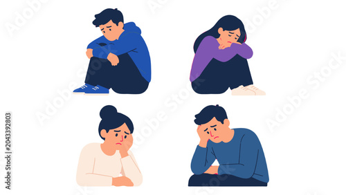 Photos Sad men and women in seated poses flat character set