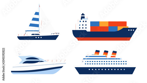 Vászonkép Set of sailboat cargo ship yacht and cruise liner vector icons