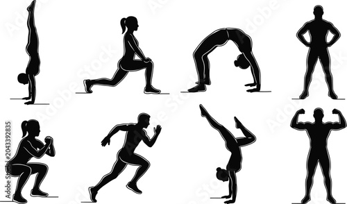 Foto Fitness and Gym Exercise Silhouette Set Featuring Running Squats Handstands Stre