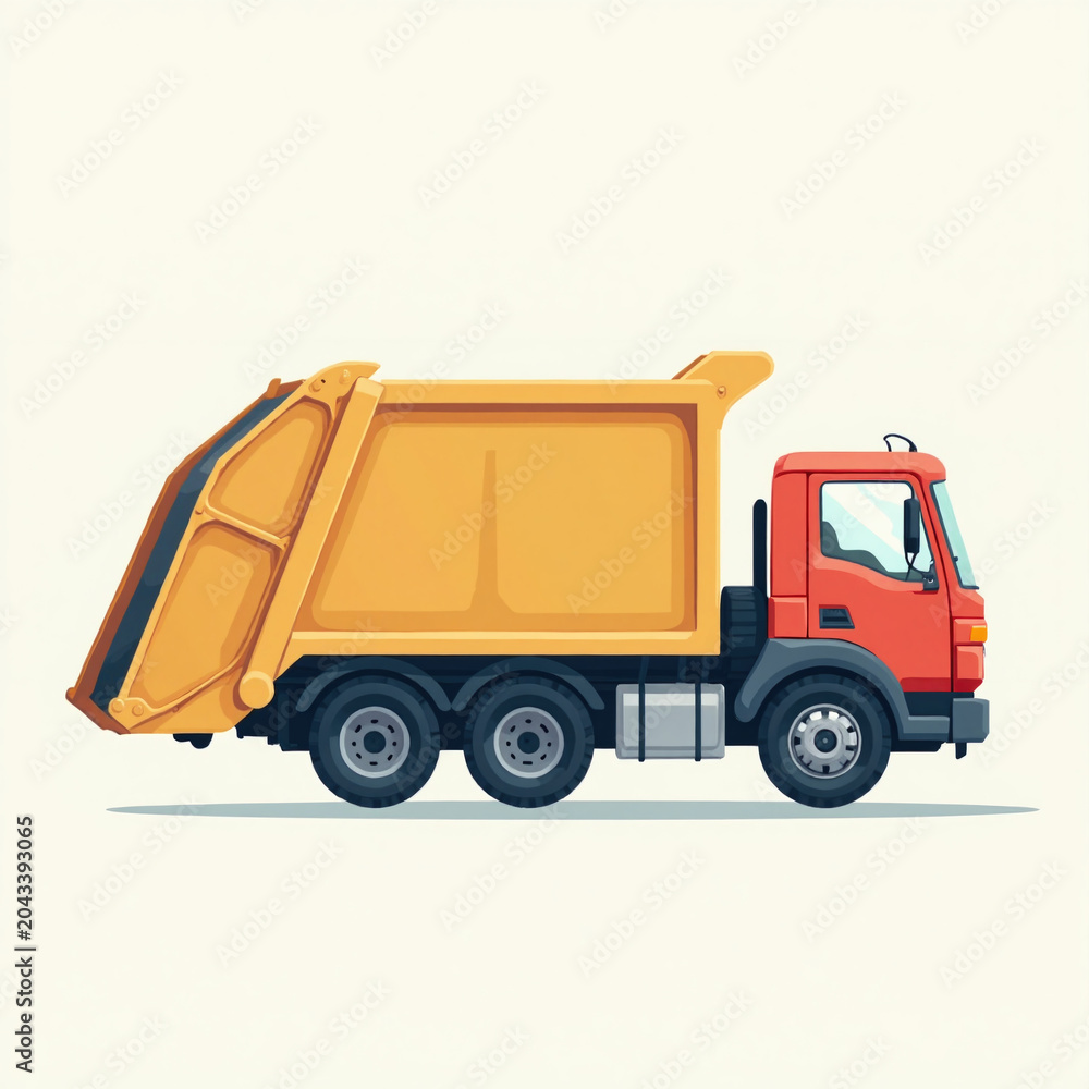 Fototapeta premium Garbage truck collecting containers in urban environment for waste management, transportation services, recycling campaigns, and educational content