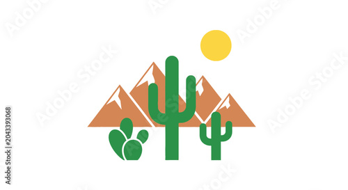 Desert Landscape Icon: Cacti, Mountains, and Sun Depiction in a Flat Design