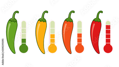 Tablou pe pânză Pepper heat level chart with colorful chili peppers and thermometers