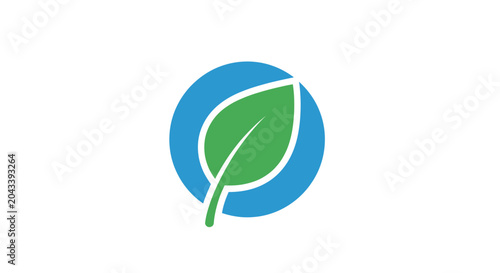 Minimalistic green leaf logo design set within a blue circle, eco-friendly concept