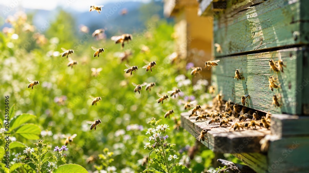 Fototapeta premium Active Honey Bee Colony Flying Around Beehive in Blooming Meadow
