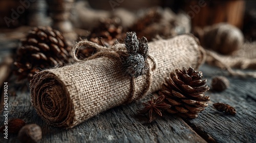 Rustic Burlap Wrapped Scroll with Natural Pine Cones and Star Anise on Wooden Surface