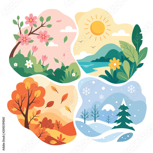 Hand-drawn four seasons illustration on white background, modern flat vector style. Spring blossoms, summer landscape, autumn foliage, and winter scenery 