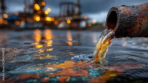Rusty Industrial Pipe Discharging Polluted Water into a Dark Reflective Surface with Bokeh Lights