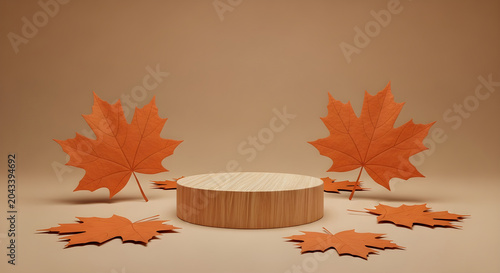 Autumn product display podium with maple leaves on a brown background