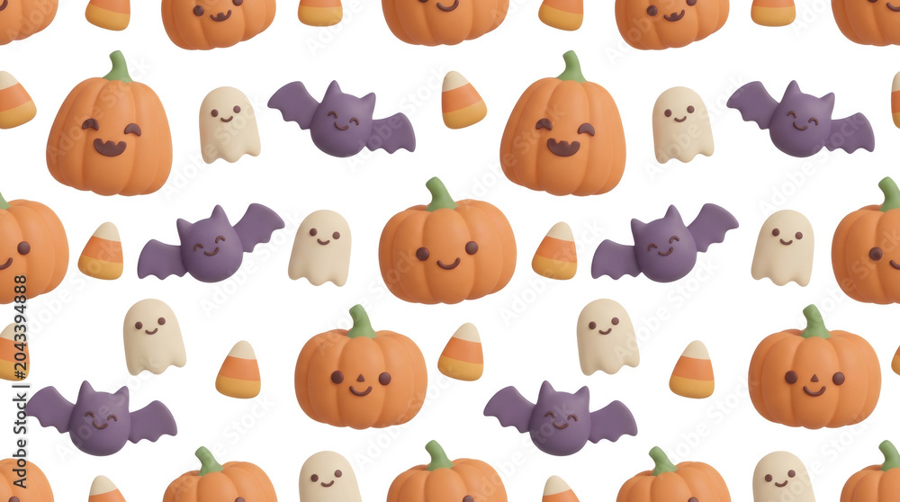 Obraz premium Seamless Halloween Pattern with Cute Kawaii Pumpkins Ghosts and Bats