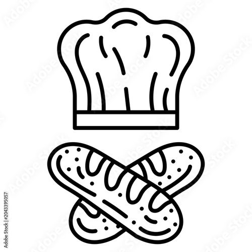 Outline pastry chef icon with chef hat and crossed baguette bread.