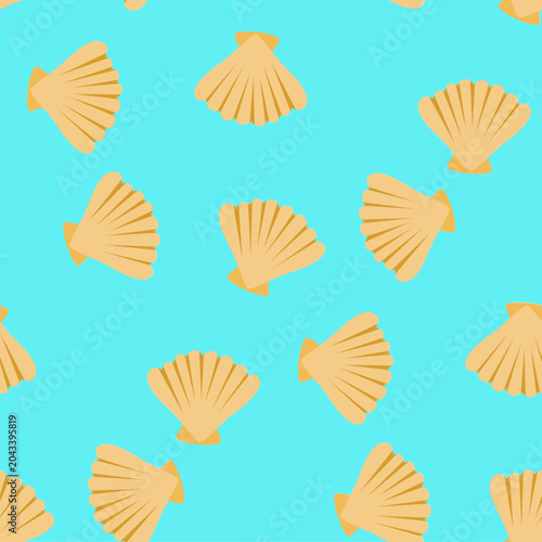 Multiple tan scallop shells in bright turquoise marine pattern, suitable for summerthemed designs, beachinspired projects, or coastalthemed backgrounds.