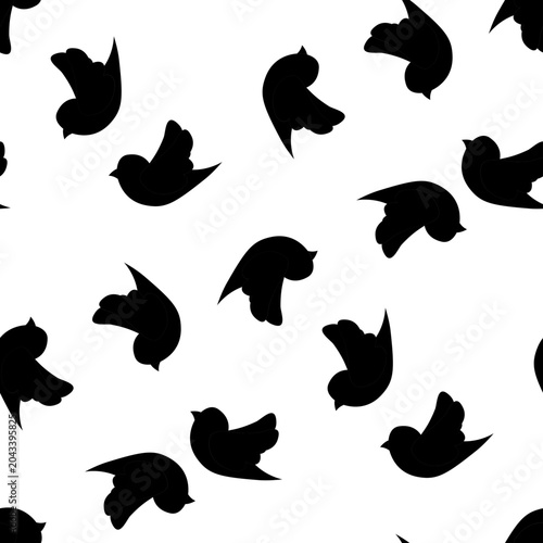 Many scattered black bird silhouettes on white background for designs needing avian shapes. Suitable for nature, wildlife, and outdoors graphics.
