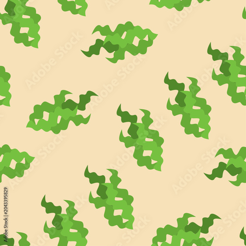 Repeated green seaweed pattern on light beige background perfect for naturethemed designs, textiles, packaging, wallpapers, and stationery. Simple and decorative.