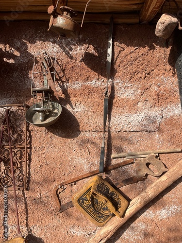 A collection of antique, rustic wooden objects from Morocco. 