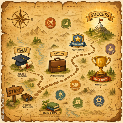Vintage Treasure Map Career Path Diagram with Education, Job Steps, and Success Goal